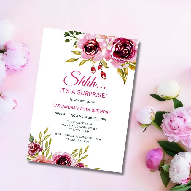 Burgundy Purple Rose Floral Surprise Birthday  Invitation (Creator Uploaded)