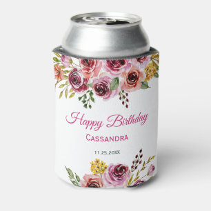 Burgundy Purple Rose Rustic Floral Birthday  Can Cooler