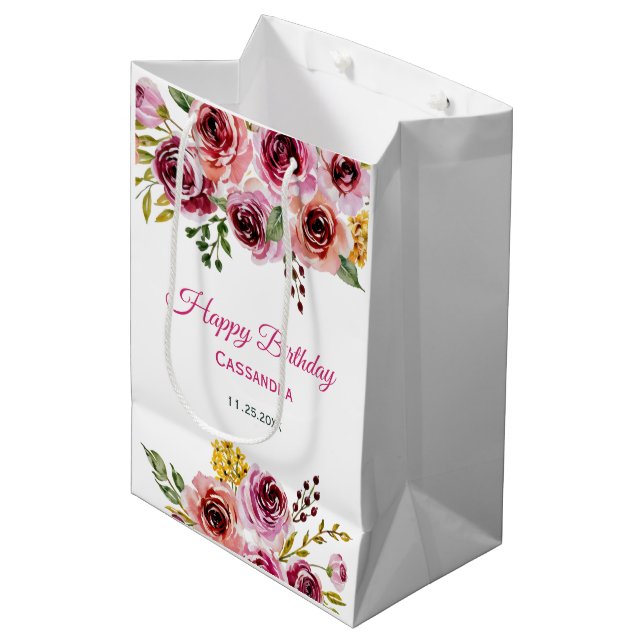 Burgundy Purple Rose Rustic Floral Birthday  Medium Gift Bag (Front Angled)