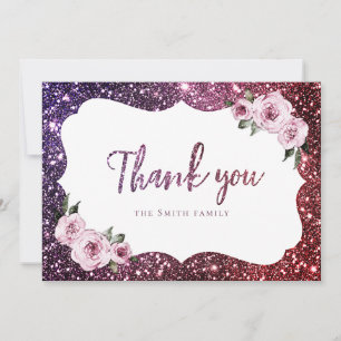 Burgundy purple sparkle glitter floral thank you invitation