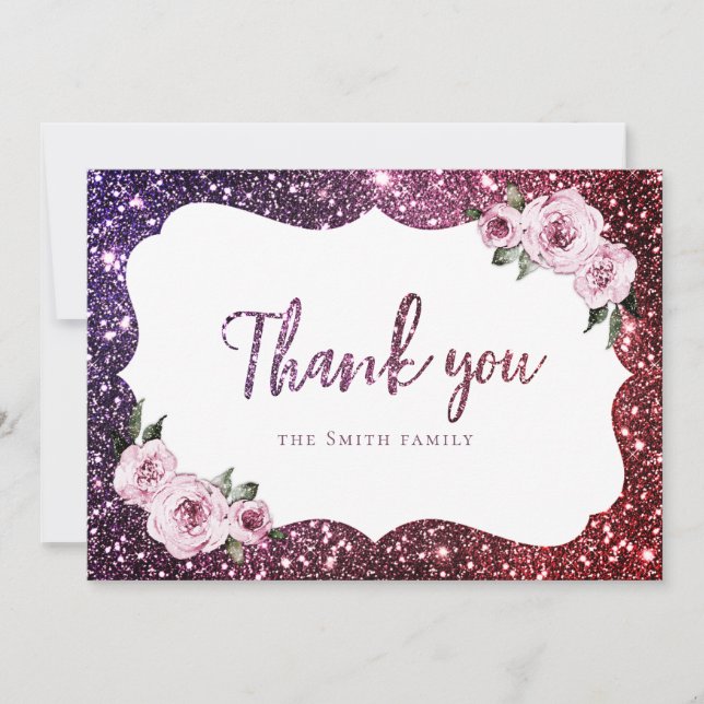 Burgundy purple sparkle glitter floral thank you invitation (Front)