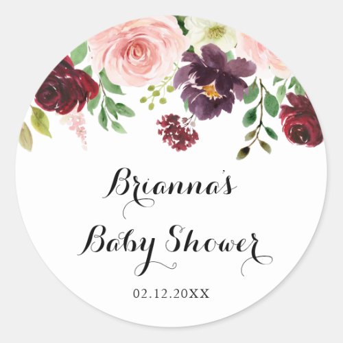 Burgundy Purple Spring Floral Baby Shower Favor Classic Round Sticker