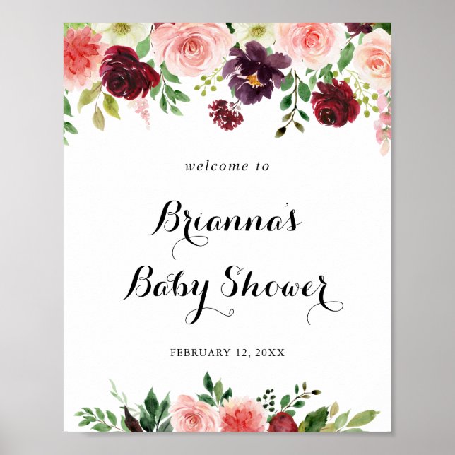 Burgundy Purple Spring Floral Baby Shower Welcome Poster (Front)