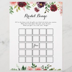 Burgundy Purple Spring Floral Bridal Bingo Game