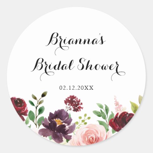 Burgundy Purple Spring Floral Bridal Shower Favor Classic Round Sticker