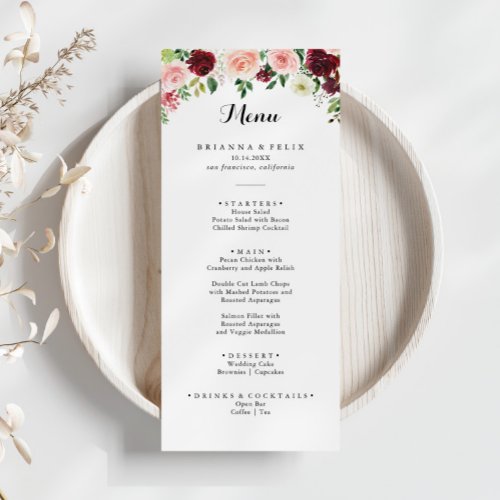 Burgundy Purple Spring Floral Calligraphy Dinner Menu