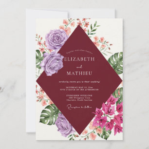 Burgundy Purple Tropical Eucalyptus Wedding Invitation