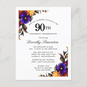 Burgundy Purple Yellow 90th Birthday Postcard