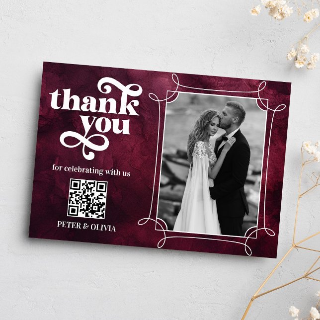 Burgundy QR Code Bold Typography Thank you Card (Creator Uploaded)