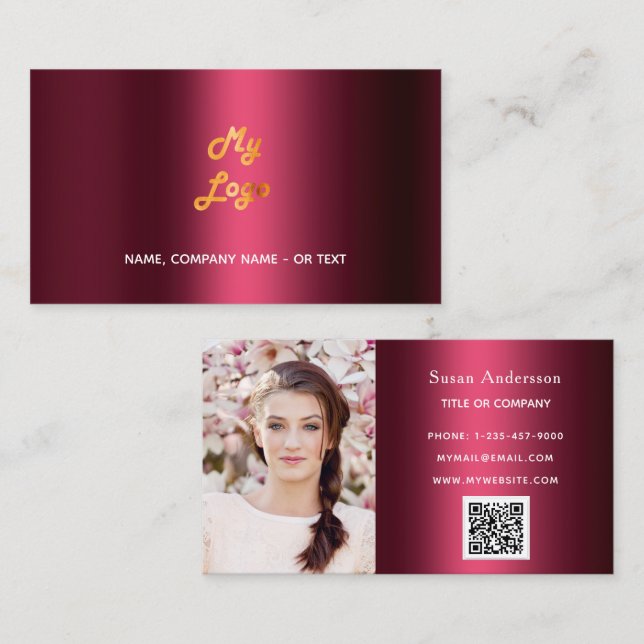 Burgundy qr code logo employee photo business card (Front/Back)