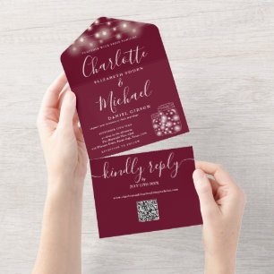Burgundy QR Code Mason Jars String Lights Wedding All In One Invitation