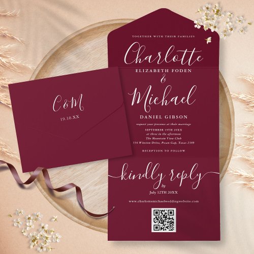 Burgundy QR Code Script Minimalist Wedding All In One Invitation