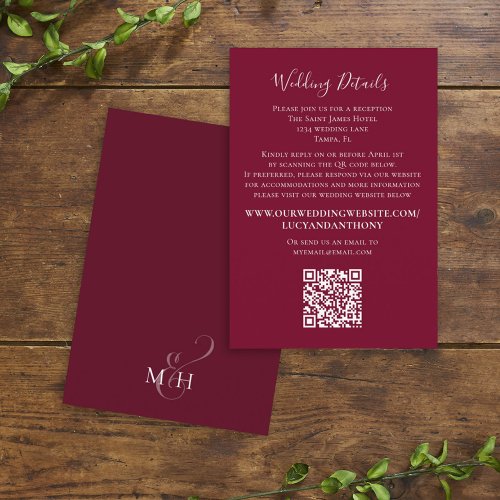 Burgundy QR Code Wedding Details Calligraphy Enclosure Card