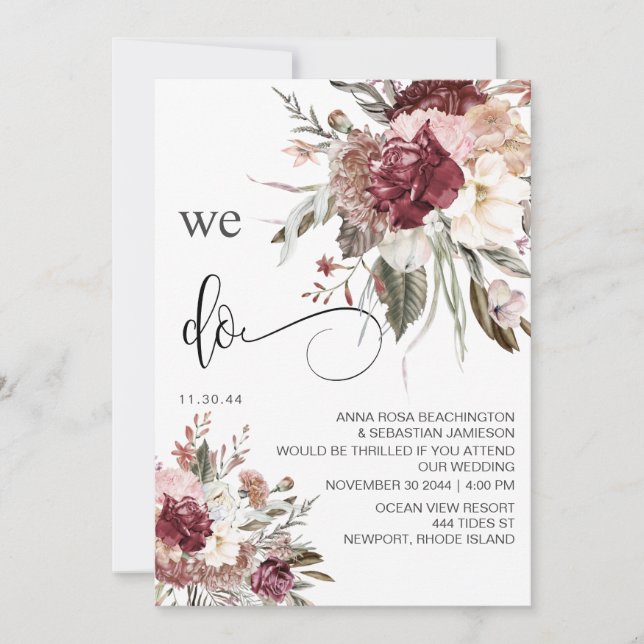 *~* Burgundy QR RSVP  AR15 Floral Rose WEDDING Invitation (Front)