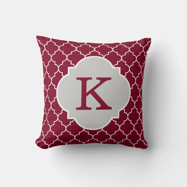 Burgundy Quatrefoil Monogram Throw Pillow (Front)