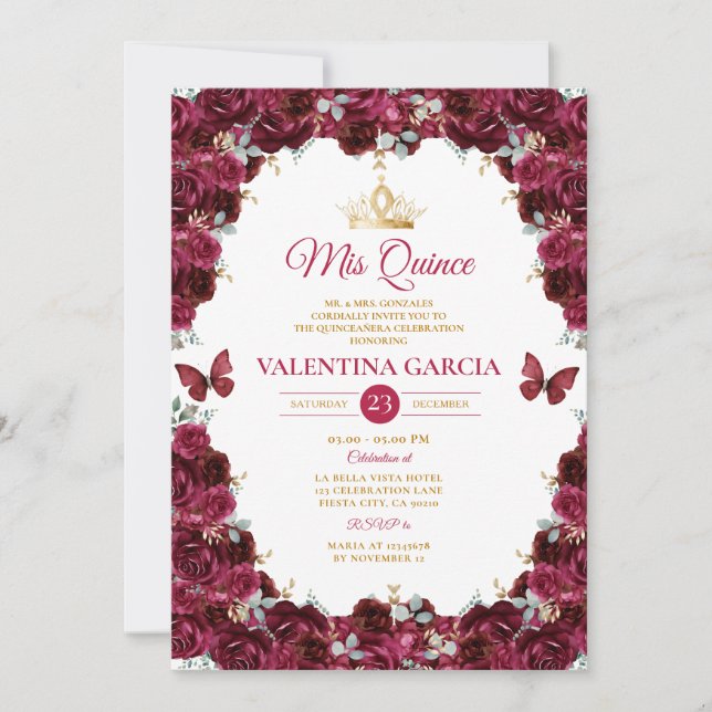Burgundy Quinceañera 15 Anos Flowers Gold Crown Invitation (Front)
