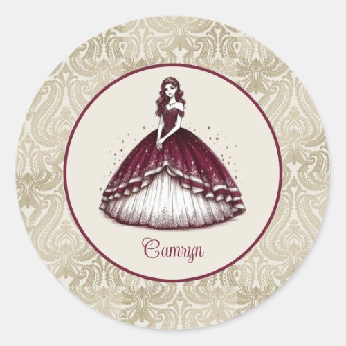 Burgundy Quinceaera Dress Classic Round Sticker