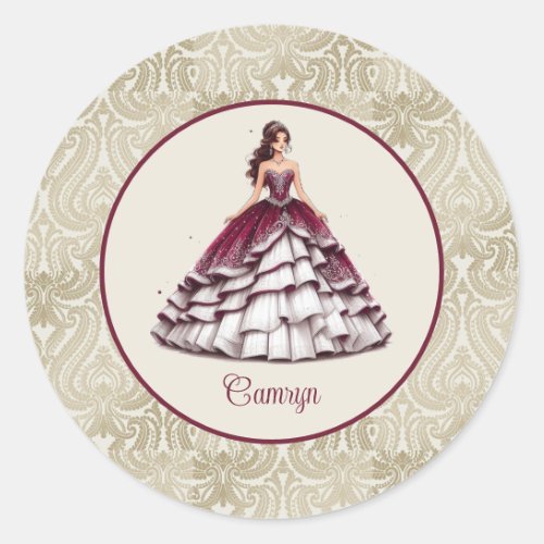 Burgundy Quinceaera Dress Classic Round Sticker