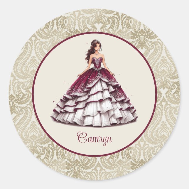 Burgundy Quinceañera Dress Classic Round Sticker (Front)