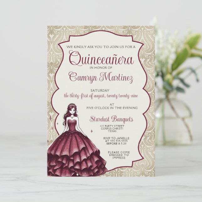 Burgundy Quinceañera Dress Invitation (Standing Front)