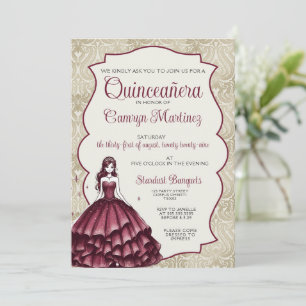 Burgundy Quinceañera Dress Invitation
