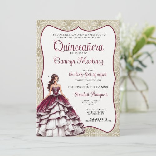 Burgundy Quinceaera Dress Invitation