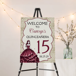 Burgundy Quinceañera Dress Welcome Sign
