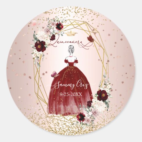 Burgundy Quinceanera H2 Flowers Dusty Rose Blush Classic Round Sticker