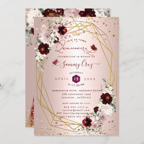 Burgundy Quinceanera H2 Flowers Dusty Rose Blush I Invitation