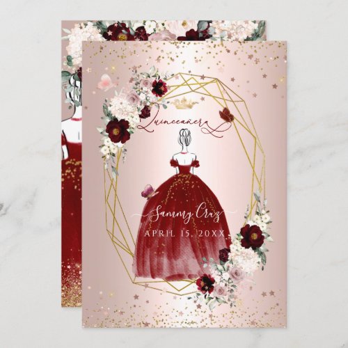 Burgundy Quinceanera H2 Flowers Dusty Rose Blush Invitation