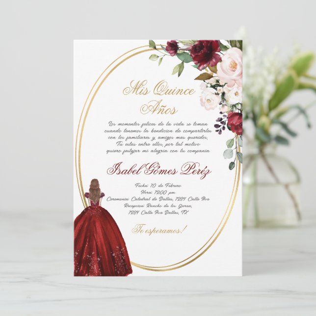 Burgundy Quinceanera silhouette  Invitation (Standing Front)