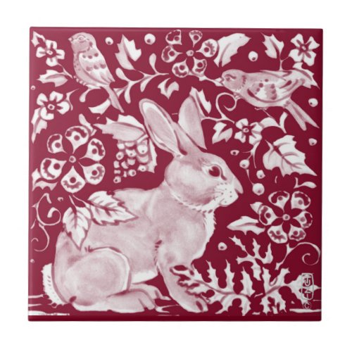 Burgundy Rabbit Bunny Birds Floral Dedham Delft Ceramic Tile