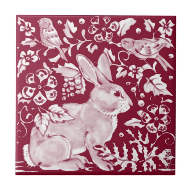 Burgundy Rabbit Bunny Birds Floral Dedham Delft Ceramic Tile (Front)