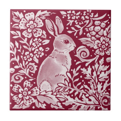 Burgundy Rabbit Bunny Woodland Floral Art Ceramic Tile