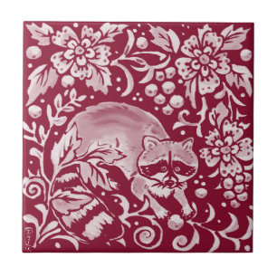 Burgundy Raccoon Woodland Forest Animal Floral Ceramic Tile