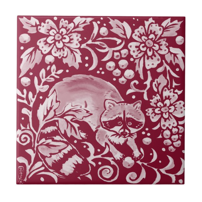 Burgundy Raccoon Woodland Forest Animal Floral Ceramic Tile (Front)