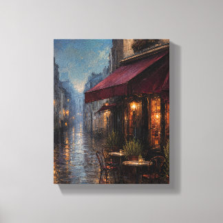 Burgundy Rain Café – Romantic Cityscape Canvas Print