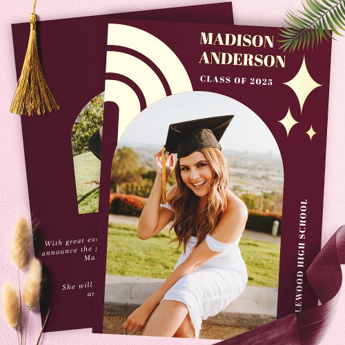 Graduation Invitations 11 Burgundy Rainbow Arch And Stars Graduation Foil Invitation