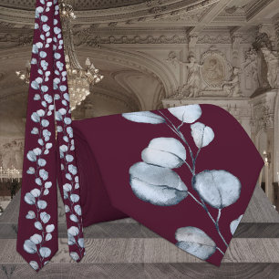 Burgundy Raspberry Dusty Blue Eucalyptus Wedding Neck Tie