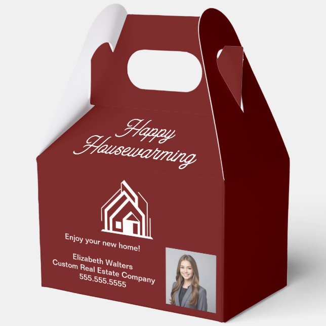 Burgundy Real Estate Company Agent Photo Custom Favor Boxes (Front)