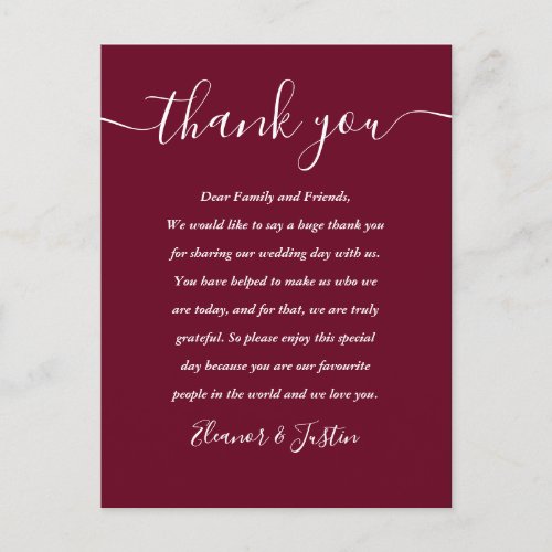 Burgundy Reception Script Thank You Place Card