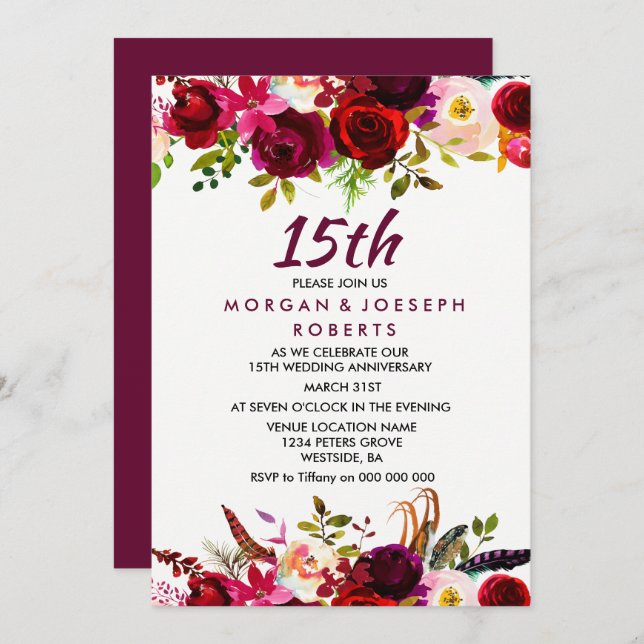 Burgundy Red 15th Wedding Anniversary Invite (Front/Back)