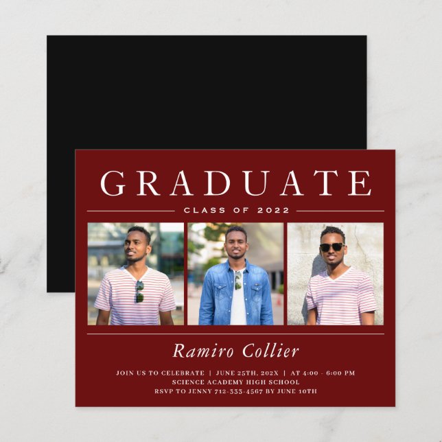 Burgundy Red 3 Photo Graduation Invitations (Front/Back)