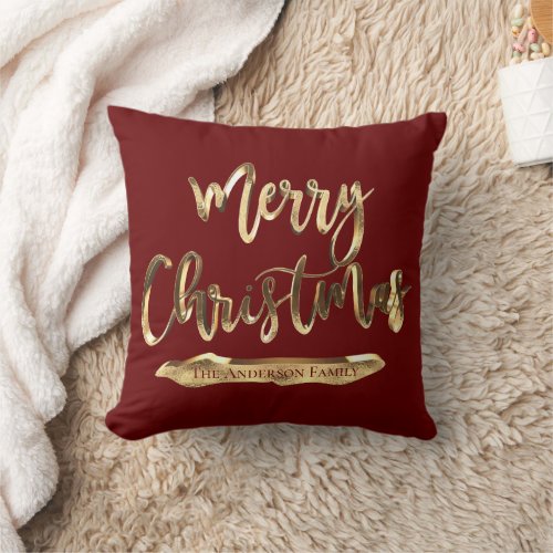 Burgundy Red Add Name or Text Merry Christmas Throw Pillow