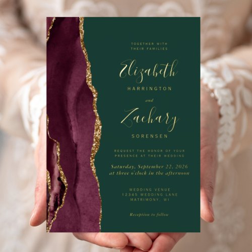 Burgundy Red Agate Gold Emerald Green Wedding Foil Invitation