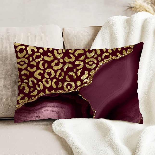 Burgundy Red Agate Gold Glitter Leopard Spots Accent Pillow (Creator Uploaded)