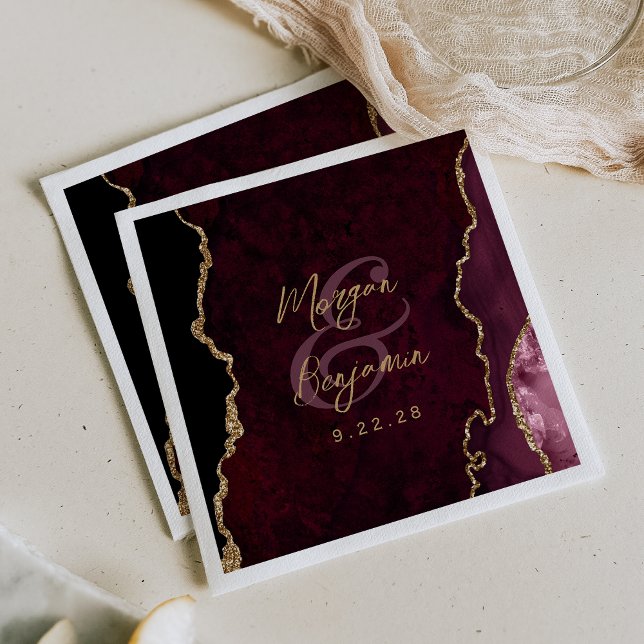 Burgundy Red Agate Gold Script Wedding Napkins (Creator Uploaded)