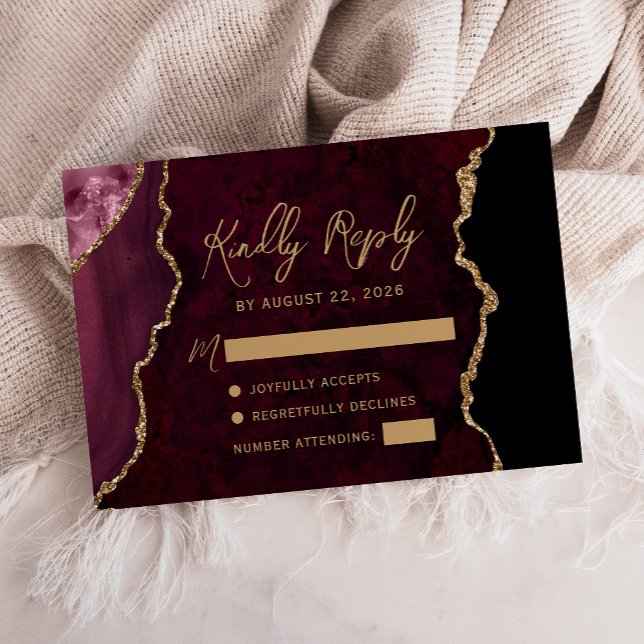 Burgundy Red Agate Gold Script Wedding RSVP Card (Creator Uploaded)
