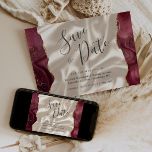 Burgundy Red Agate Ivory Silk Save the Date Invitation