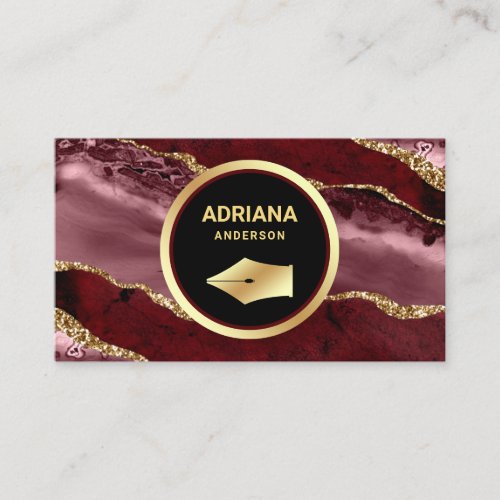 Burgundy Red Agate Lawyer Attorney Gold Pen Nib Business Card